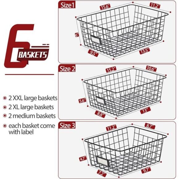 Wire Storage Baskets Set of 6 Kitchen Pantry Organizer Bathroom Cabinet Shelf - Picture 3 of 7